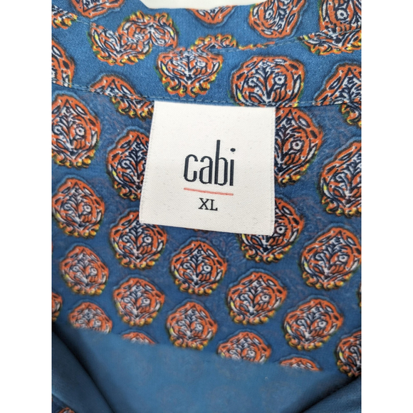 Cabi Blouse Womens XL Blue Ruffle Sleeveless Sheer Floral Geometric Pattern Top - Picture 5 of 9